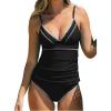 CUPSHE Women’s Tankini Sets Two Piece Swimsuit V Neck Ruched Shell Stitched Bathing Suit Spaghetti Adjustable Straps(Black)