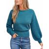 CUPSHE Women’s Trendy Knit Sweater 2025 Boatneck Puffy Sleeves Cinched Waist Pullover Tops Fall Fashion Casual Blouse(Blue)