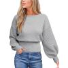 CUPSHE Women’s Trendy Knit Sweater 2025 Boatneck Puffy Sleeves Cinched Waist Pullover Tops Fall Fashion Casual Blouse(Gray)