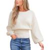 CUPSHE Women’s Trendy Knit Sweater 2025 Boatneck Puffy Sleeves Cinched Waist Pullover Tops Fall Fashion Casual Blouse(White)