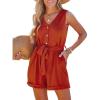 CUPSHE Women’s V Neck Belted Button Romper Sleeveless Short Jumpsuit Rolled Pants Outfit(Red)