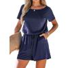 CUPSHE Women’s V Neck Boat Neck Romper Short Sleeve Drawstring Waist Pockets Knit Mini Jumpsuit One Piece Outfit(Navy)