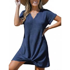 CUPSHE Bathing Suit Cover Up for Women Waffle Knit Twisted Beach Dress Short Sleeve Summer Swimsuit Coverup Swimwear(Dark Blue)