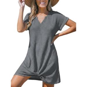 CUPSHE Bathing Suit Cover Up for Women Waffle Knit Twisted Beach Dress Short Sleeve Summer Swimsuit Coverup Swimwear(Dark Grey)