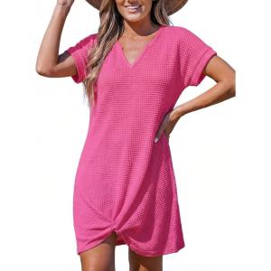 CUPSHE Bathing Suit Cover Up for Women Waffle Knit Twisted Beach Dress Short Sleeve Summer Swimsuit Coverup Swimwear(Hot Pink)