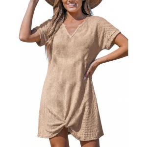 CUPSHE Bathing Suit Cover Up for Women Waffle Knit Twisted Beach Dress Short Sleeve Summer Swimsuit Coverup Swimwear(Khaki)