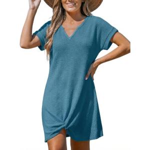 CUPSHE Bathing Suit Cover Up for Women Waffle Knit Twisted Beach Dress Short Sleeve Summer Swimsuit Coverup Swimwear(Lake Blue)