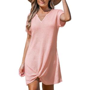 CUPSHE Bathing Suit Cover Up for Women Waffle Knit Twisted Beach Dress Short Sleeve Summer Swimsuit Coverup Swimwear(Pink)