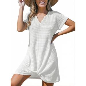 CUPSHE Bathing Suit Cover Up for Women Waffle Knit Twisted Beach Dress Short Sleeve Summer Swimsuit Coverup Swimwear(White)