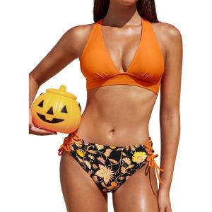 CUPSHE Bikini Set for Women Two Piece Swimsuit V Neck Triangle Top Wide Straps Cross Back Lace up Mid Rise(Orange Black Print)