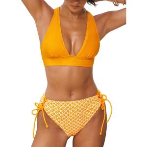 CUPSHE Bikini Set for Women Two Piece Swimsuit V Neck Triangle Top Wide Straps Cross Back Lace up Mid Rise(Yellow/Floral)