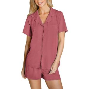 CUPSHE Button Down Pajama Shorts Set for Women 2 Piece Post Partum Lounge Shorts PJ Sets(Rust Red)