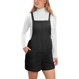 CUPSHE Casual Cotton Loose Rompers Fit Summer Pockets Sleeveless Wide Strap Square Neck Outfit(Black)
