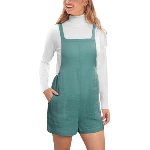 CUPSHE Casual Cotton Loose Rompers Fit Summer Pockets Sleeveless Wide Strap Square Neck Outfit(Ocean Blue)