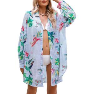 CUPSHE Dress Button Down Shirt Dress Long Sleeve Blouse Top Leopard Print(Blue)