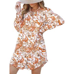 CUPSHE Dress Button Down Shirt Dress Long Sleeve Blouse Top Leopard Print(Orange Paisley)