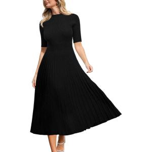 CUPSHE Fall Dresses for Women 2025 Round Neck Half Sleeve Ribbed Knit Pleated A Line Fitted Midi Pullover Sweater Dress(Black)