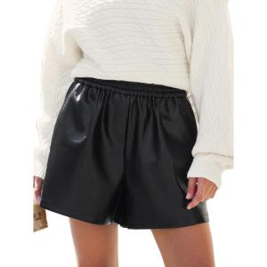 CUPSHE Faux Leather Shorts for Women High Wasited Pull On Pleated Pleather Shorts with Elastic Waist Pockets(Black)