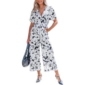 CUPSHE Jumpsuits for Women Dressy Belted Floral Print Overalls V Neck Shorts Sleeves Wide Leg Rompers Vacation Outfits(Black)