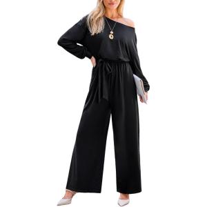CUPSHE Jumpsuits for Women Long Sleeve Off Shoulder Belted Overalls with Pockets Wide Leg Pants Rompers Vacation Outfits(Black)