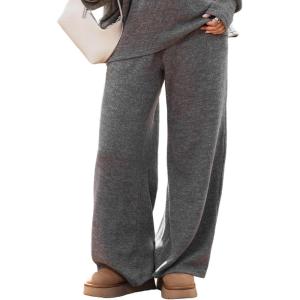 CUPSHE Knit Pants for Women Casual Wide Leg Drawstring Long Pants with Pockets High Waist Lounge Trousers Vacation Outfits(Grey)