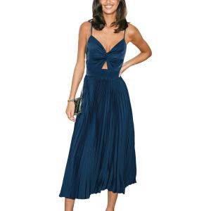 CUPSHE Midi Dress for Women 2026 Party Spaghetti Straps Sleeveless Pleated Cutout Formal Dress(Navy Blue)