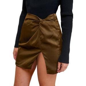 CUPSHE Mini Skirts Twist Notched Hem A-line Satin Waist Party Vacation Dressy Going Out Date(Brown)