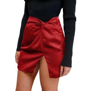 CUPSHE Mini Skirts Twist Notched Hem A-line Satin Waist Party Vacation Dressy Going Out Date(Red)