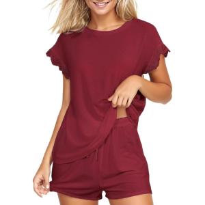 CUPSHE Pajama Set for Women Modal Short Sleeve PJs Cute Lace Sleepwear Shorts Set(Red)