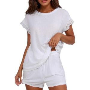 CUPSHE Pajama Set for Women Modal Short Sleeve PJs Cute Lace Sleepwear Shorts Set(White)