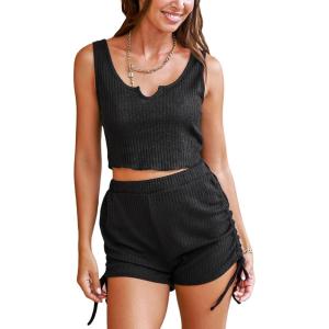 CUPSHE Pajamas Set for Women 2 Piece Sleeveless Women Soft Sleepwear Short PJ Set with Shorts(Y-black)