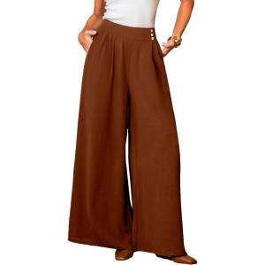 CUPSHE Pleated Wide Leg Pants for Women with Pockets Loose Lightweight High Waist Flowy Business Casual Pants Beach Trousers(Brown)