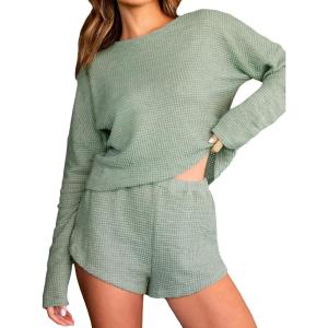 CUPSHE Ribbed Knit Long Sleeve and Short Pajama Sets 2 Piece Button Down Long Sleeve PJs for Women Soft Loungewear(A-green)