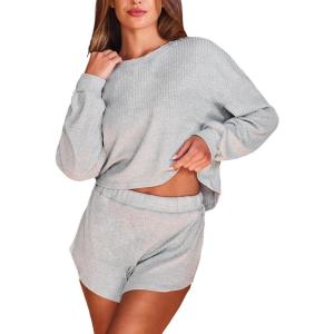 CUPSHE Ribbed Knit Long Sleeve and Short Pajama Sets 2 Piece Button Down Long Sleeve PJs for Women Soft Loungewear(A-grey)