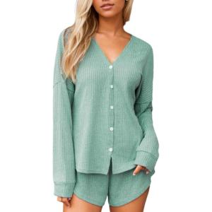 CUPSHE Ribbed Knit Long Sleeve and Short Pajama Sets 2 Piece Button Down Long Sleeve PJs for Women Soft Loungewear(Green)