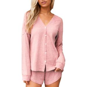 CUPSHE Ribbed Knit Long Sleeve and Short Pajama Sets 2 Piece Button Down Long Sleeve PJs for Women Soft Loungewear(Pink)