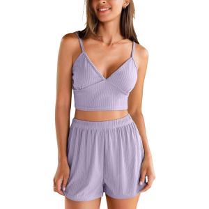 CUPSHE Ribbed Pajamas Sets for Women Cami Sleepwear 2 Piece V Neck Camisole Top and Shorts Pjs Sets(Purple)
