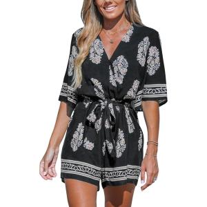 CUPSHE Rompers for Women Summer Casual V Neck Sleeveless Short Jumpsuit One Piece Outfit Beach Vacation(Black/Yellow)