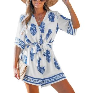 CUPSHE Rompers for Women Summer Casual V Neck Sleeveless Short Jumpsuit One Piece Outfit Beach Vacation(Blue)