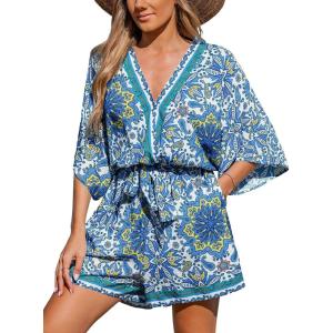 CUPSHE Rompers for Women Summer Casual V Neck Sleeveless Short Jumpsuit One Piece Outfit Beach Vacation(Dark Blue)