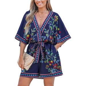 CUPSHE Rompers for Women Summer Casual V Neck Sleeveless Short Jumpsuit One Piece Outfit Beach Vacation(Floral White)