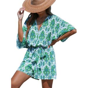 CUPSHE Rompers for Women Summer Casual V Neck Sleeveless Short Jumpsuit One Piece Outfit Beach Vacation(Green)
