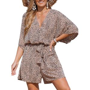 CUPSHE Rompers for Women Summer Casual V Neck Sleeveless Short Jumpsuit One Piece Outfit Beach Vacation(Leopard)