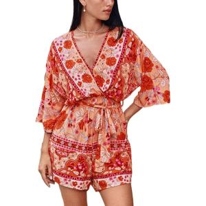 CUPSHE Rompers for Women Summer Casual V Neck Sleeveless Short Jumpsuit One Piece Outfit Beach Vacation(Orange)