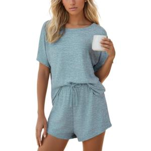 CUPSHE Short Sleeve Pajama Sets for Women Casual Crew Neck 2 Piece Lounge Sets(Baby Blue)