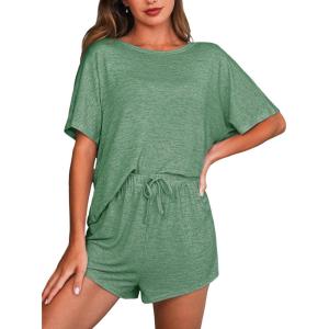 CUPSHE Short Sleeve Pajama Sets for Women Casual Crew Neck 2 Piece Lounge Sets(Grass Green)