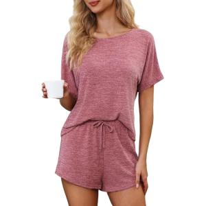 CUPSHE Short Sleeve Pajama Sets for Women Casual Crew Neck 2 Piece Lounge Sets(Maroon Red)