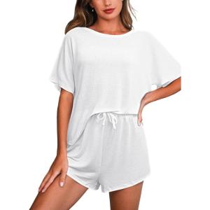 CUPSHE Short Sleeve Pajama Sets for Women Casual Crew Neck 2 Piece Lounge Sets(White)