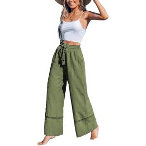 CUPSHE Summer Wide Leg Pants for Women Trendy Tie Waist High Waisted Palazzo Straight Pant with Pockets(Green)