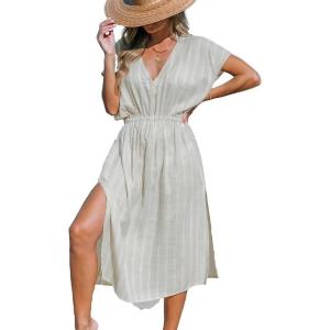 CUPSHE Women Beach Cover Up V Neck Short Sleeve Striped Midi Swimsuit Coverup Dress XS-XXL(Grayish Apricot)